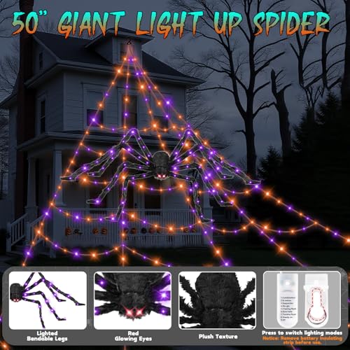 Halloween Outdoor Spider Web Lights with Giant Glowing Spider and 11 Lighting Modes