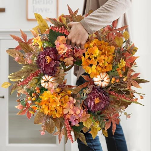 24 Inch Fall Harvest Front Door Wreath - Autumn Thanksgiving Decor - Orange