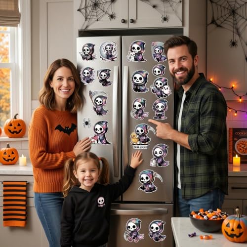 Halloween Refrigerator Magnets - 24 Cute Grim Reaper Pastel Goth Decor for Kitchen & Office