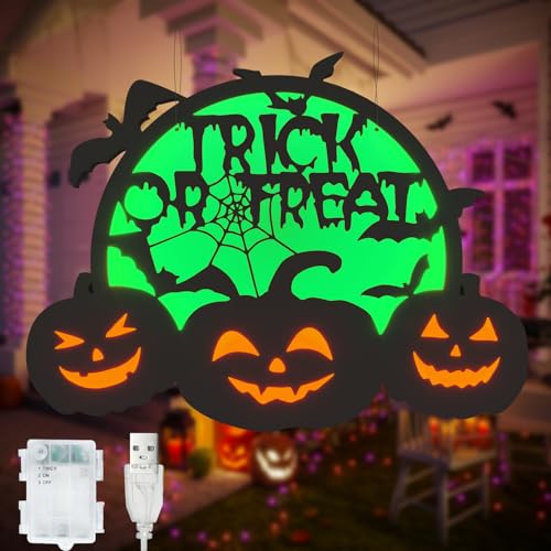 Green Halloween Pumpkin Lights with Moon Bat Web & Trick or Treat Wording - USB & Battery Powered