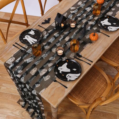 Ghost Halloween Table Runner 29x120 Inch Set of 2 - Black Ghost Tulle Decor