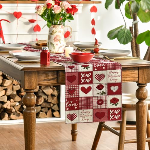 Patchwork Heart Valentine's Table Runner 13x60 Inch Home Decor - Red