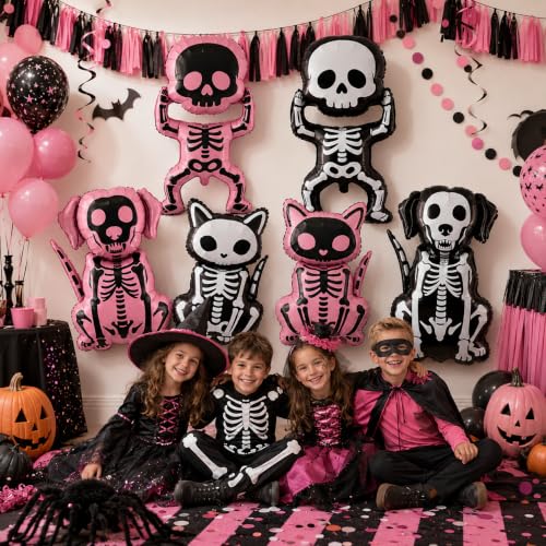Halloween Skeleton Foil Balloons Set - 6 Black and Pink Skeleton Shape Decorations