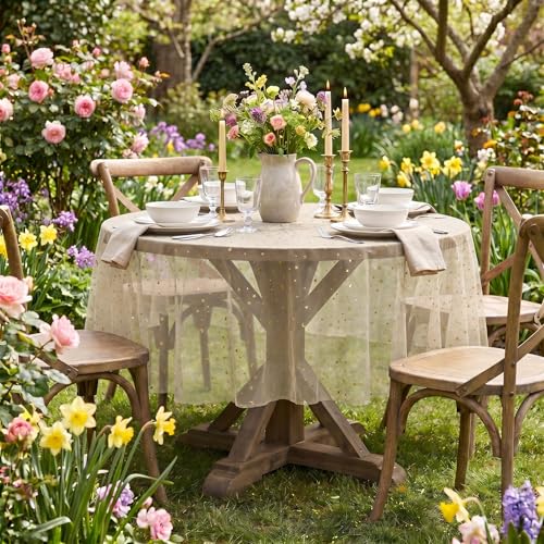 Horaldaily 60-Inch Round Beige Gold Gauze Star Moon Tablecloth - Durable Polyester