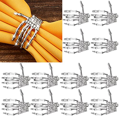 Silver Skeleton Hand Napkin Rings Set - Halloween Party Table Decor, 12 Pieces