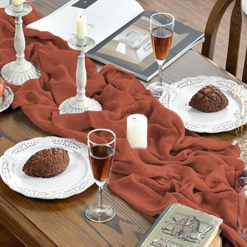 120 Inch Boho Terracotta Gauze Wedding Table Runner 6 Pieces Home Decor
