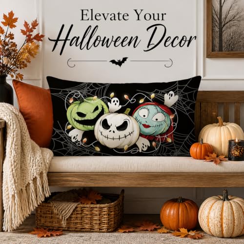 Halloween Pillow Cover 12x20 Inch Black Cushion Case Spooky Skeleton & Rag Doll Design