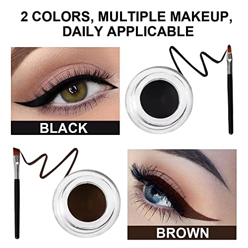 2 Pack Gel Eyeliner & Eyebrow Cream Set Waterproof Smudge Proof Black & Brown with Brushes