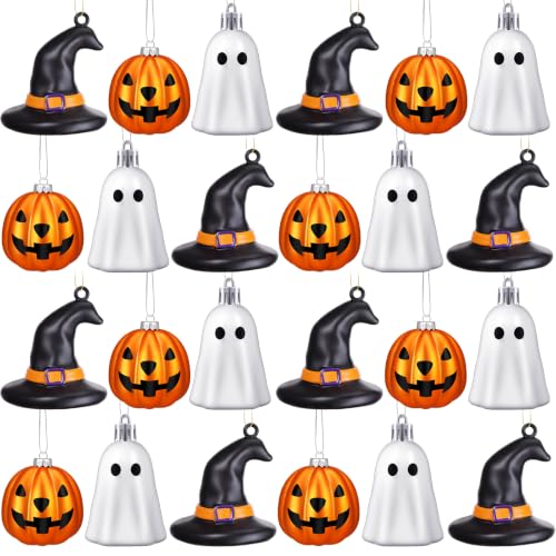 Halloween Hanging Ornaments Set - Silver Ghost, Gold Pumpkin & Witch Hat - 30 Mini Plastic Decorations