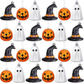 Halloween Hanging Ornaments Set - Silver Ghost, Gold Pumpkin & Witch Hat - 30 Mini Plastic Decorations