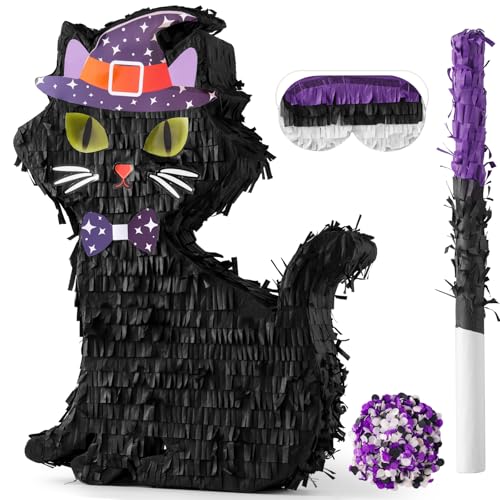Halloween Cat Piñata with Blindfold and Stick - Black Cat Party Decor