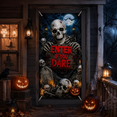 Halloween Door Cover Decorations - Graveyard Skeleton Spooky Night - Large 79 x 35 Inches