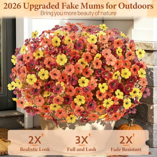 Artificial Mums Flowers Outdoor Fall Decor 24 Bundles - Orange Yellow Brown