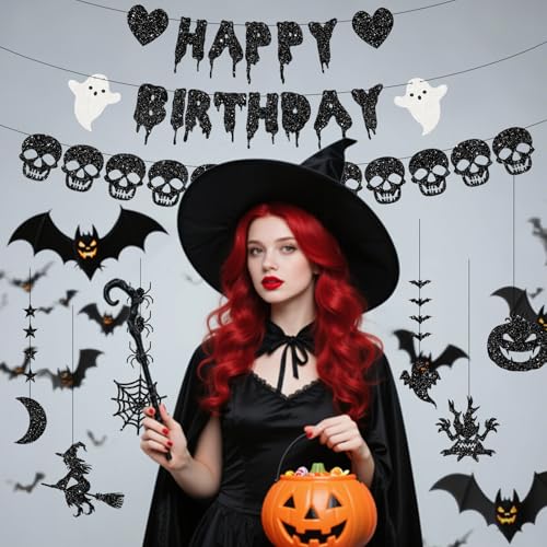 Black Glitter Halloween Banner & Spooky Hanging Garlands for Party Decor