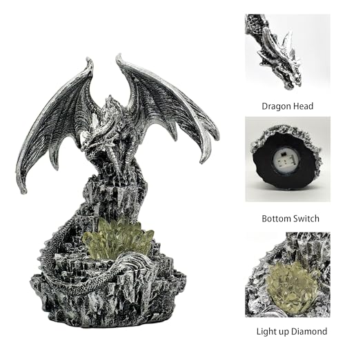 Silver Dragon Guarding Faux Crystal Light Statue with LED Glow - Fantasy Home Decor