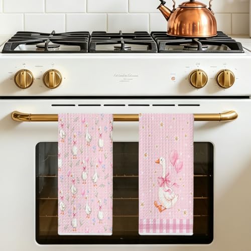 2 Pcs Pink Bow Goose Kitchen Towels - Cute Floral Dish Hand Towels - Multi 1546