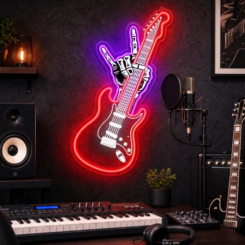 Red Guitar Neon Sign with Rock Hand - USB Powered LED Wall Decor for Music Rooms