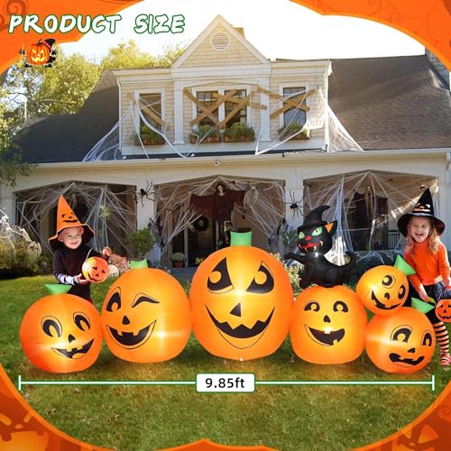 10FT Halloween Inflatable Pumpkin Patch with Black Cat & Built-in LED Lights - Outdoor Yard Decor