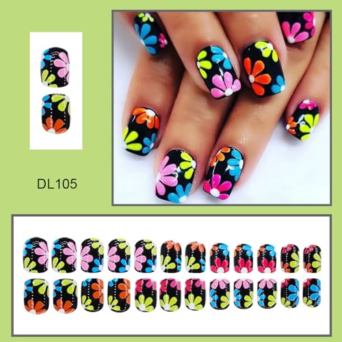 Spring Press-On Nails Black Square with Fluorescent Flowers - W14