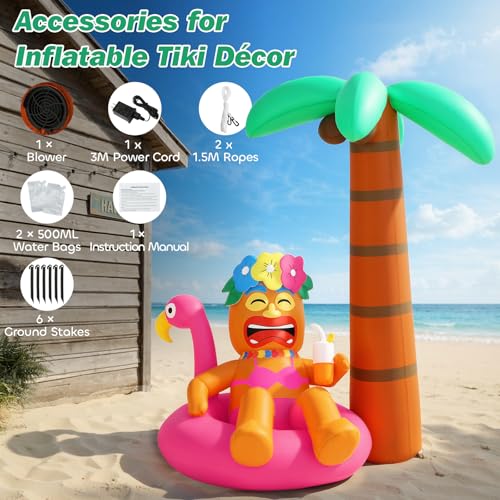 Magenta Inflatable Tiki Luau Decor with Flamingo and Coconut Palms - 6FT Outdoor Party Decoration