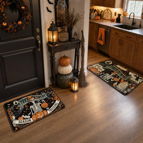 Halloween Skeleton Black Cat Floor Rugs Set of 2 - Vintage Spooky Entryway Mats with Silicone Backing