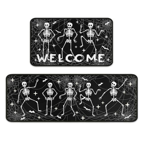 Halloween Kitchen Rugs Set of 2 with Non Slip Backing - Spooky Ghosts & Pumpkins, Black, 17x47.2 + 17x30 Inches