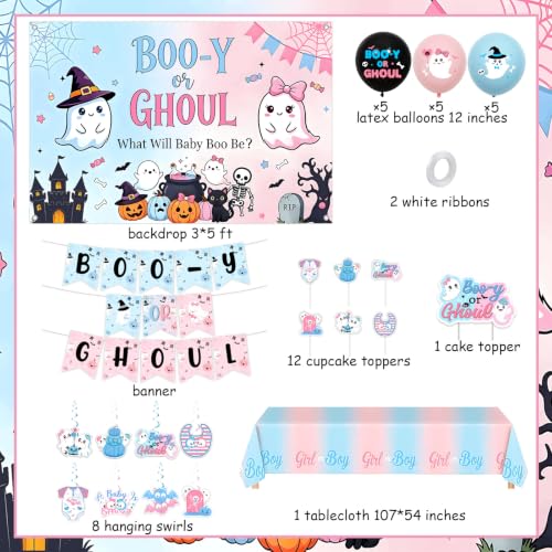 Halloween Gender Reveal Decorations Set with Backdrop Banner Swirls and Tablecloth - Pink & Blue Baby Shower Supplies