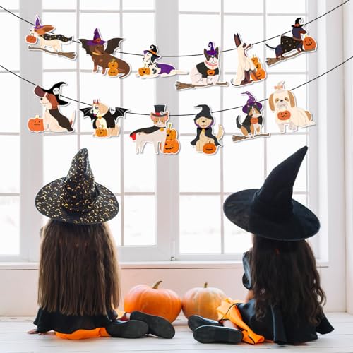 Halloween Dog Decorations Banner with Cute Dogs, Pumpkins & Witch Hats