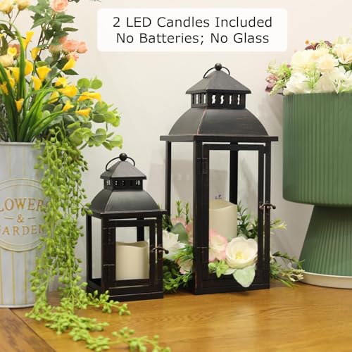 Black Metal LED Lanterns Set of 2 - Large & Medium Outdoor Indoor Decor with Bronze Brush - No Glass