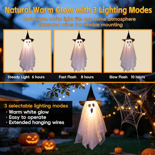 Yellow 3 Pack Halloween Ghost Decorations with Witch Hats & LED Lights Outdoor Decor