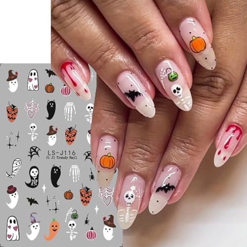 Halloween Ghost Nail Stickers - 3D Spider Bat Pumpkin Bone Design with Variation Flower Nail Stickers-3