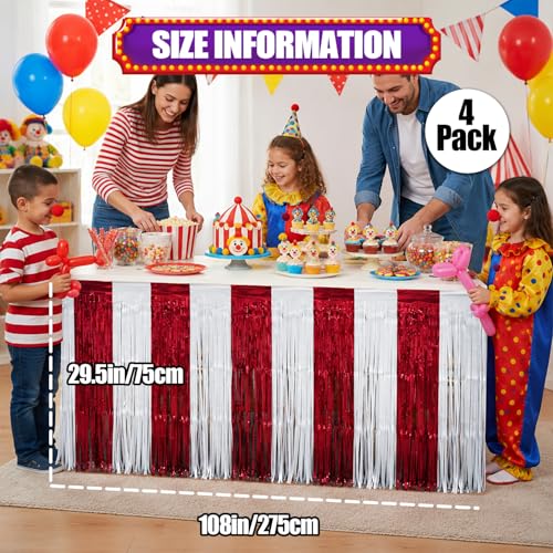 Fetiruu Carnival Circus Theme Table Skirts - 4 Pack Red and White Party Decorations