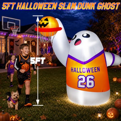 5FT Halloween Inflatable Ghost with Bright LEDs and Slam Dunk Basketball Outdoor Decoration