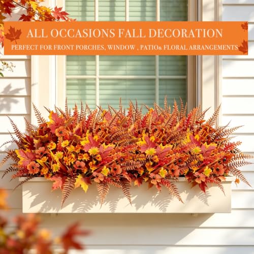 Artificial Fall Flowers Bundle with 5 Styles for Outdoor & Indoor Decor - Orange Red