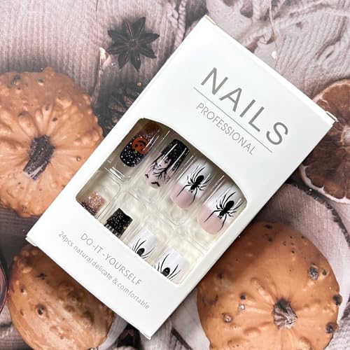 Halloween Press On Nails Full Cover 24Pcs Pumpkin Spider Bat Glitter Design with Glue - Medium Square