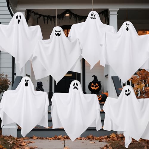 Halloween Flying Ghost Decorations Set - 7 Outdoor Hanging White Ghosts, 19.6 Inches