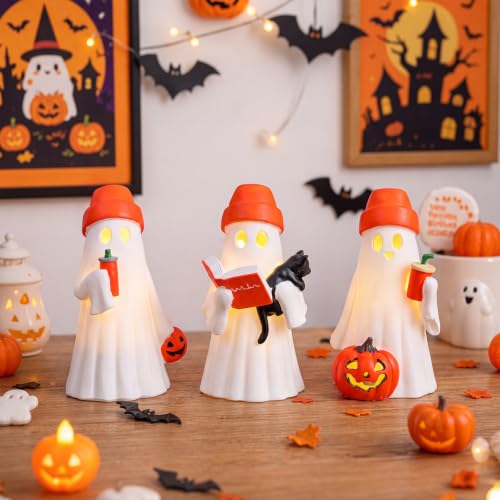 Eaasty 3 Pack Halloween Light Up Ghost Figurines with Orange Hats - Indoor Decor