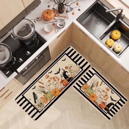 Halloween Kitchen Rugs Set of 2 - Witch Hat Pattern, 17x29 & 17x47 Inches