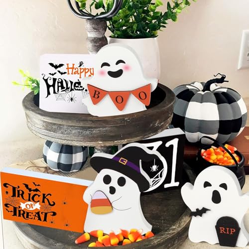 Cute Ghost Halloween Decorations Indoor Set - Wooden Tiered Tray Signs, B
