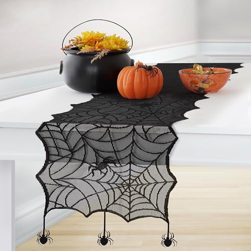 Halloween Spider Lace Table Runner - Black 13 x 70 Inches Decor