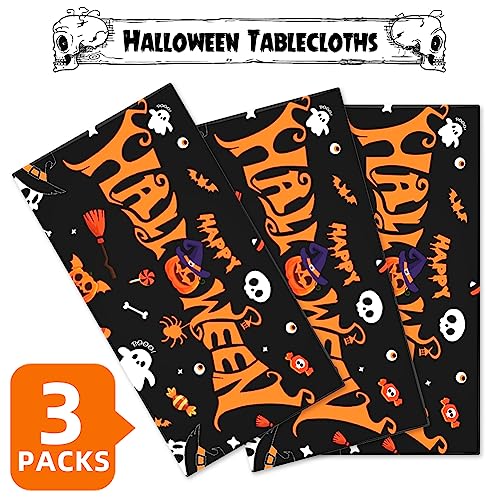Halloween Tablecloths 3 Pack Black Happy Halloween Waterproof Plastic 54x108 Inches