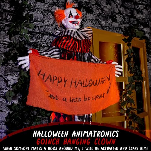 Halloween Hanging Clown Animatronic - 5ft Spooky Floating Prop with Banner, Sound & Light Activation