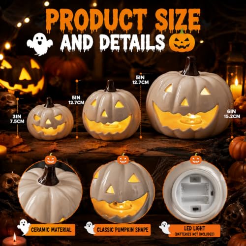 3-Piece Halloween Ceramic Jack O' Lantern Pumpkin Set - White, 3/5/6 Inches, LED Lights