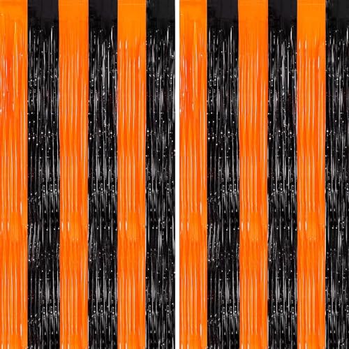 Black and Orange Streamers Halloween Backdrop Foil Fringe Curtain - 3.3ft x 6.6ft, 2 Pack