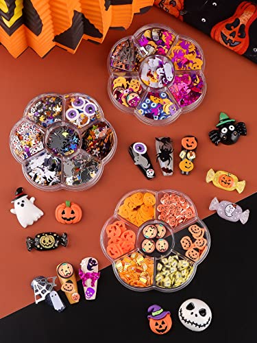 Multi-Colored Halloween Nail Art Glitter Sequins with Skull Spider Pumpkin Bat Ghost Shapes - 3 Boxes