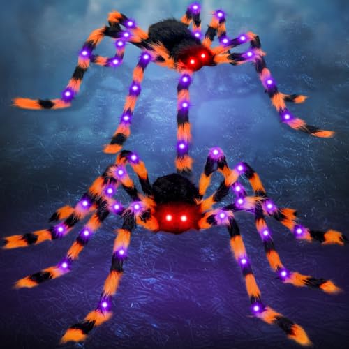 Giant Halloween Spider Decorations with 8 Light Modes & 30 LED Lights - Orange Black, 50 Inch, 2 Pack