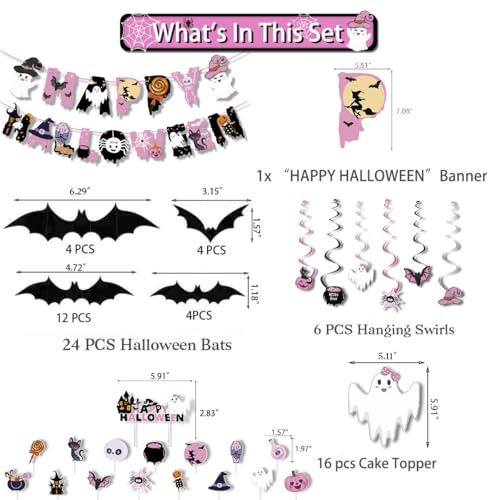 Halloween Decorations Banner Swirls Bat Cake Toppers Party Kit Pink Black