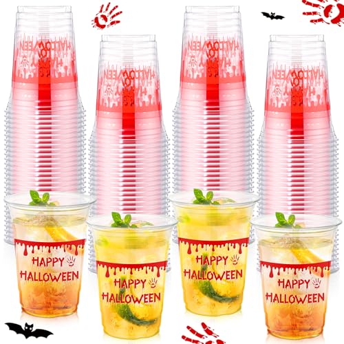 Halloween Plastic Cups 16 oz Blood Print - 100 Pack, Blood Red Variation