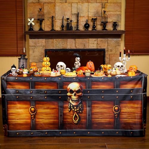 Oudain Halloween Skull Fitted Table Cover - Pirate Treasure Box Design, 6ft