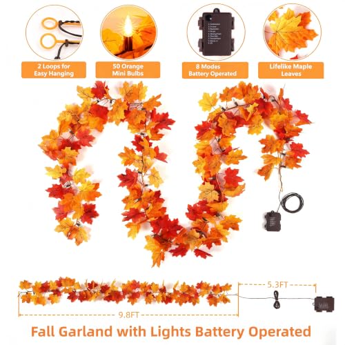 3 Pack Battery-Operated Fall Garland with Lights 9.8FT Orange Leaves & 50 Bulbs - Indoor Outdoor Decor